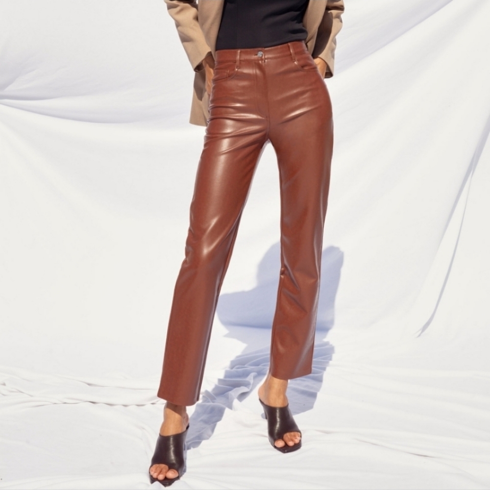 TALL! NWT Aritzia Wilfred Melina vegan leather high waist pants 16 long Cognac
